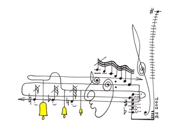 Elegia - disegno di uno spartito musicale con la notazione che forma una faccia e le campane che pendono dai pentagrammi