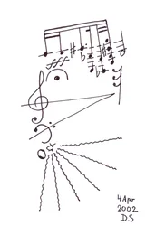 Thrilling Beard" - un volto canterino con barba disegnato utilizzando la notazione musicale.