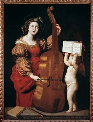 Santa Cecilia con un angelo che tiene uno spartito (olio su tela)