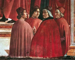 Storie della Vergine Maria: Annunciazione a Zaccaria, dettaglio di Cristoforo Landino, Angelo Poliziano e Marsilio Ficino, c.1485-90
