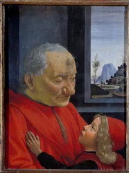 Ritratto di un vecchio e di un giovane ragazzo. Dipinto di Domenico Ghirlandaio (1449-1494), XV secolo, dimensioni 0,62 x 0,46 m