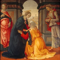Visitazione: la Vergine Maria visita Elisabetta, tra Maria di Giacomo e Maria Salome, testimoni della Crocifissione e della Resurrezione, 1491