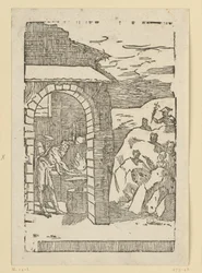 Il richiamo dei metalli. Efesto (Vulcano) e uno studioso sono in piedi davanti al fuoco di una fucina, mentre fuori, nascosti tra le rocce, si trovano gli dei (che rappresentano i metalli): Saturno (piombo), Giove (stagno), Venere (rame), Luna (argento), M