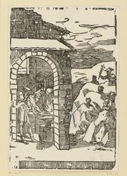 Il richiamo dei metalli. Efesto (Vulcano) e uno studioso sono in piedi davanti al fuoco di una fucina, mentre fuori, nascosti tra le rocce, si trovano gli dei (che rappresentano i metalli): Saturno (piombo), Giove (stagno), Venere (rame), Luna (argento), M