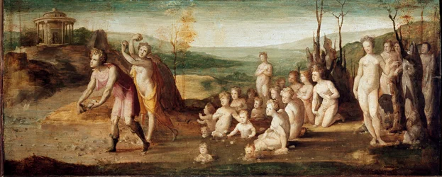 Deucalione e Pirra. Personaggi della mitologia greca che lanciano pietre che danno vita agli esseri umani dopo il diluvio