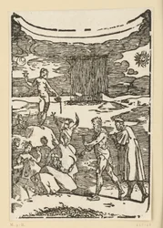 La scoperta dei metalli. Efesto (Vulcano) con il martello da minatore e il suo aiutante cercano i metalli. Dall