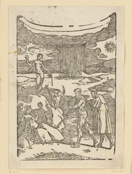 La scoperta dei metalli. Efesto (Vulcano) con il martello da minatore e il suo aiutante cercano i metalli. Dall