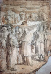Storia di Mosè sul Monte Sinai: gli Ebrei attendono il ritorno di Mosè. Disegno preparatorio per il pavimento del Duomo di Siena. Date di vita dell