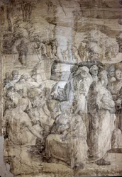Storia di Mosè sul Monte Sinai: gli Ebrei attendono il ritorno di Mosè. Disegno preparatorio per il pavimento del Duomo di Siena. Date di vita dell