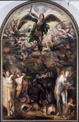 San Michele insegue gli angeli ribelli (La caduta degli angeli ribelli). Dipinto di Domenico Beccafumi (1486-1551)