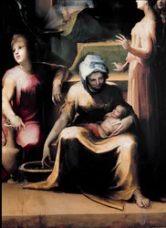 La nascita della Vergine. Dettaglio con una domestica e la neonata. Date di vita dell