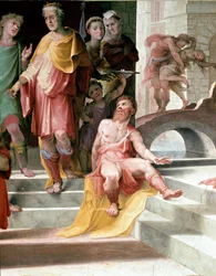 Il sacrificio di Seleuco di Locri. Seleuco acceca suo figlio per punirlo di uno stupro commesso, preferendo perdere un occhio. Affresco di Domenico di Giacomo di Pace detto Beccafumi (1486-1551). Dettaglio. 1529-1535 Siena, Palazzo Pubblico