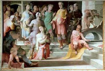 Il sacrificio di Seleuco di Locri. Seleuco acceca suo figlio per punirlo di uno stupro commesso, preferendo perdere un occhio. Affresco di Domenico di Giacomo di Pace detto Beccafumi (1486-1551) 1529-1535 Siena, Palazzo Pubblico