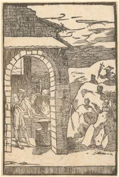 Vulcano e il Filosofo (Teoria) lavorano nella fucina, mentre fuori i metalli si nascondono nelle rocce, foglio 1 della serie "De la Pirotechnia"