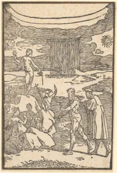 Vulcano e il Filosofo (Teoria) si mettono alla ricerca dei metalli racchiusi nelle rocce, foglio 2 della serie "De la Pirotechnia"