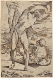 Due uomini nudi in un paesaggio