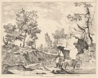 Paesaggio con pastorella e gregge a un abbeveratoio