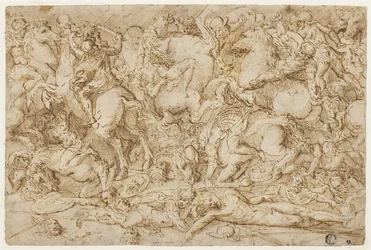Scena di battaglia con cavalli e uomini