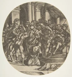 Figura femminile Santa Caterina inginocchiata a terra al centro che supplica una figura maschile, 1517
