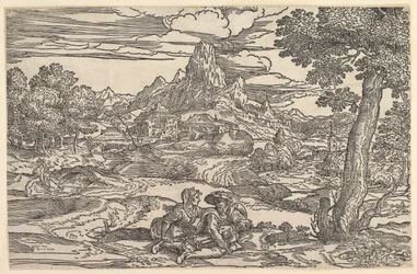 Paesaggio con donna seduta accanto a un uomo che suona la ghironda, ca. 1540