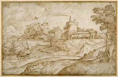 Paesaggio montuoso con un castello e altri edifici vicino a un fiume; un uomo che affretta una donna, a destra, c.1540