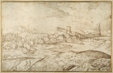 Paesaggio montuoso con un fiume e una città fortificata con una torre con guglia