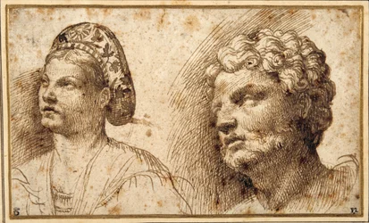 Studio della testa e delle spalle di una giovane donna che indossa una balza, e della testa di un uomo barbuto