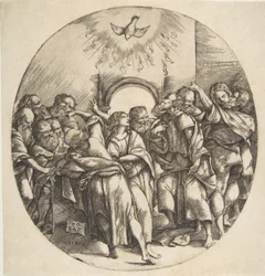 Lo Spirito Santo come un uccello che scende con le ali spiegate al centro superiore, i dodici Apostoli ..., 1518
