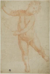 Putto in posa sulla gamba destra (recto); schizzo di un braccio drappeggiato (verso)