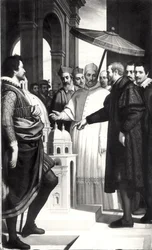 Michelangelo (1475-1564) presenta un modello della cupola di San Pietro a Papa Paolo IV (1476-1559)