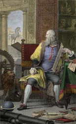 Rappresentazione del pittore e scultore Leonardo da Vinci nel suo studio