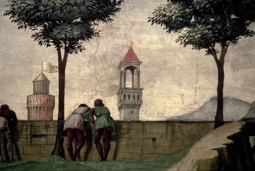 Uomini che guardano oltre un muro, dalla Visitazione