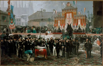 Cerimonia per la posa della prima pietra della Galleria Vittorio Emanuele II il 7 marzo 1865 (olio su legno)