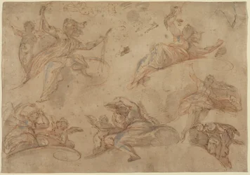 Figure allegoriche viste dal basso (penna e inchiostro marrone con lavaggio rosso, accentuato con bianco, su gesso rosso)