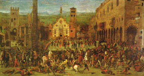 Espulsione dei Bonacolsi da parte di Luigi Gonzaga nel 1328, in Piazza Sordello, Mantova