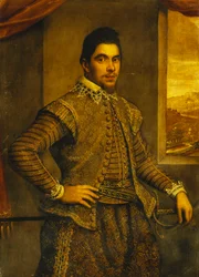 Ritratto di un Gentiluomo, in Piedi a Tre Quarti di Lunghezza, con un Costume Riccamente Ricamato, Davanti a una Finestra, con un Paesaggio Oltre