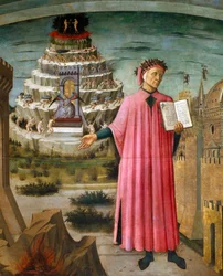 Dante Alighieri con il suo poema la Divina Commedia. Vicino a lui, l