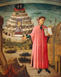 Dante Alighieri con la Divina Commedia in mano e le montagne del purgatorio sullo sfondo, dettaglio dalla Divina Commedia, di Dante Alighieri (1265-1321), di Domenico di Michelino (1417-1491), affresco, Basilica di Santa Maria del Fiore, Firenze, Italia