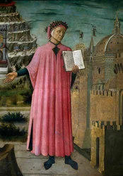 Il poeta italiano Dante Alighieri (1265-1321) presenta la sua opera La divina commedia. Dettaglio. Affresco di Domenico di Michelino (1417-1491), Cattedrale di Santa Maria del Fiore, Firenze.