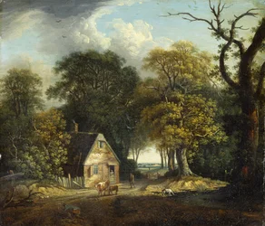 Paesaggio boscoso con un mandriano e bestiame vicino a un cottage