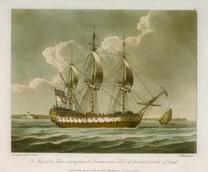 Una nave di linea che salpa dai Downs con vista sul Castello di Sandown a Deal