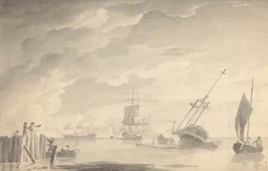 Scena di battaglia, tre navi da guerra, una che affonda; figure a sinistra in barca a remi e molo