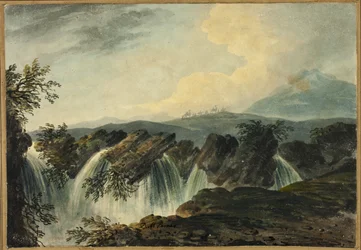 Carovana di cammelli che attraversa un aereo sopra una cascata