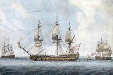 Ritratto di una nave britannica da 74 cannoni, nel Solent (Inghilterra), vista da tre angolazioni diverse