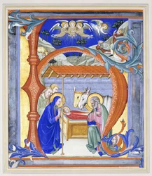 Iniziale istoriata illuminata "N", raffigurante una scena della natività, 1410
