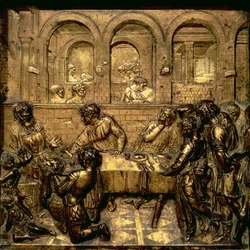 Il banchetto di Erode, da una serie di rilievi che illustrano la vita di Giovanni Battista sul fonte battesimale esagonale nel Battistero, 1417-30