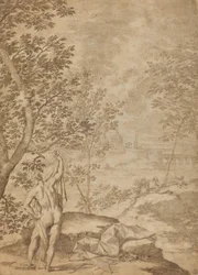Apollo in piedi in un paesaggio fluviale