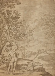 Apollo in piedi in un paesaggio fluviale