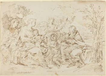 Sacra Famiglia con Santa Elisabetta, San Giovanni Battista e Due Angeli in un Paesaggio