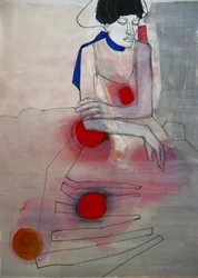 Donna pensierosa con un fiore rosso